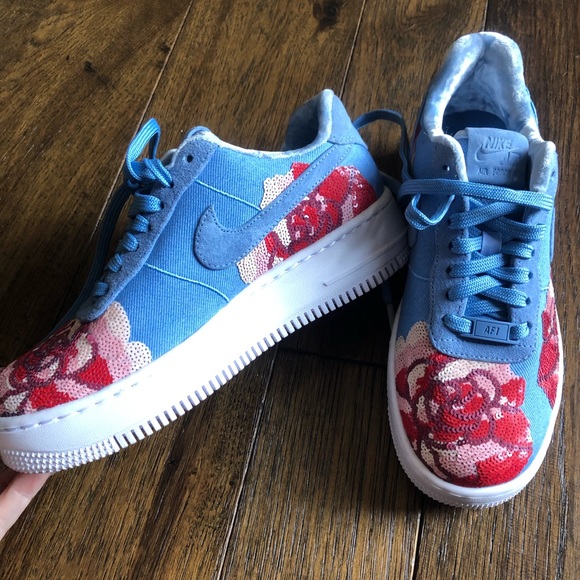 NIKE Air Force 1 Upstep Sky Blue Floral Shoes - Picture 2 of 8